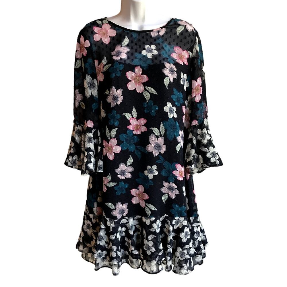 Eliza J Colorful Ruffled Floral Cocktail Dress with Bell Sleeves size 12
